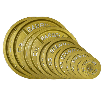 Gold Finish Olympic Steel Plates - Pairs and Sets 2 Inch Barbell Standard in Premium Gold for Weight Lifting (245lb Set)