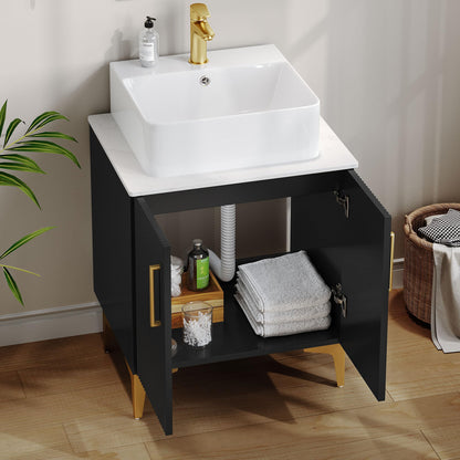 DWVO Bathroom Vanity 24 Inch with Counter Top Sink Combo, Modern Bathroom Storage Vanity Cabinet Set Included 2 Large Soft Closing Doors, Drain, Gold Handles & Legs, Black