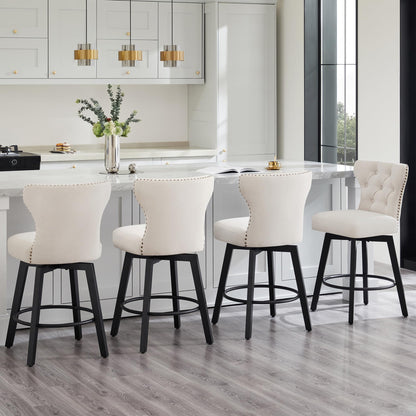 Counter Height Barstools 26 inch Upholstered Button Tufted Swivel Bar Stools with Back and Wood Legs for Kitchen Island,Set of 2,Beige Fabric-Nailhead Trim