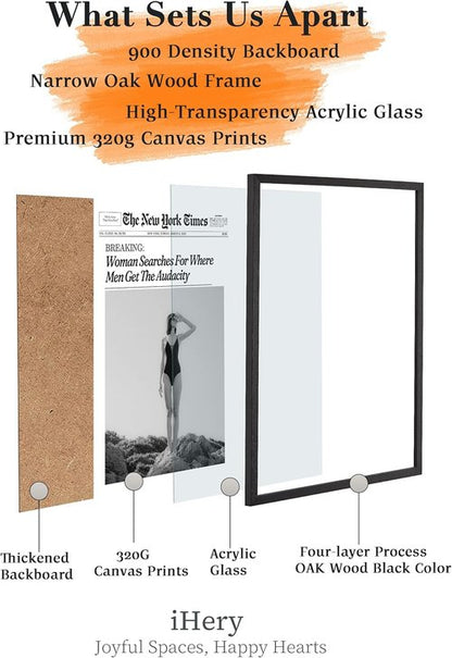 iHery Premium Natural Black Oak Wood Framed Wall Art - Retro Woman Canvas Decor 12x16in | Perfect for Dorms & Living Rooms