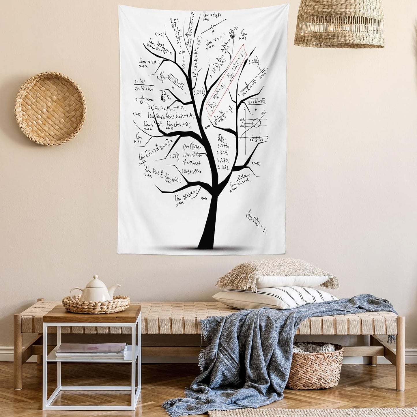 Lunarable Mathematics Room Tapestry King Size, Math Tree Branches Complex Formulas Print, Wall Hanging Bed Cover 30" X