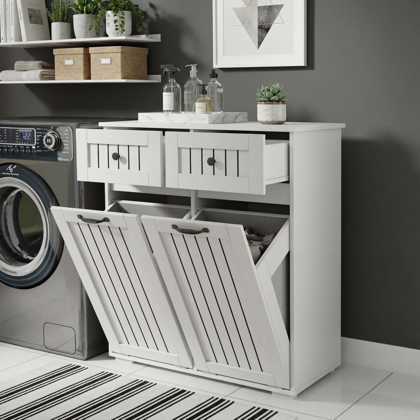 FEBORY White Laundry Cabinet with 2 Removable Hamper Baskets and 2 Drawers, Particle Board and MDF, 31.5 x 15.75 x 35.83 Inches