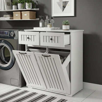 FEBORY White Laundry Cabinet with 2 Removable Hamper Baskets and 2 Drawers, Particle Board and MDF, 31.5 x 15.75 x 35.83 Inches