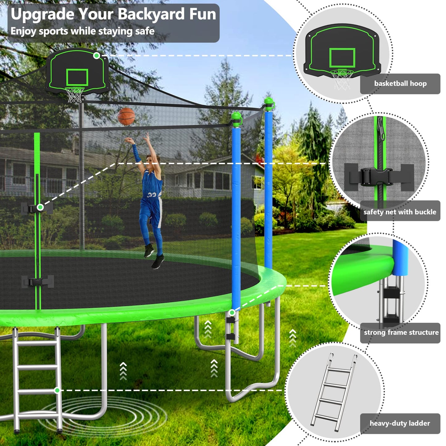 Lyromix Upgraded 16FT Trampoline with Lights, Large Outdoor Trampoline with Sprinkler,Basketball Hoop and Net, Capacity for 5-8 Kids and Adults, Teal Blue