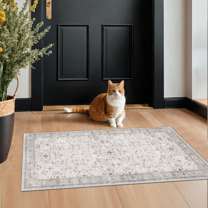 Boho Bathroom Rug by Light Grey | Modern Vintage Floral Design, Washable Non-Slip 2x4 Area Rug