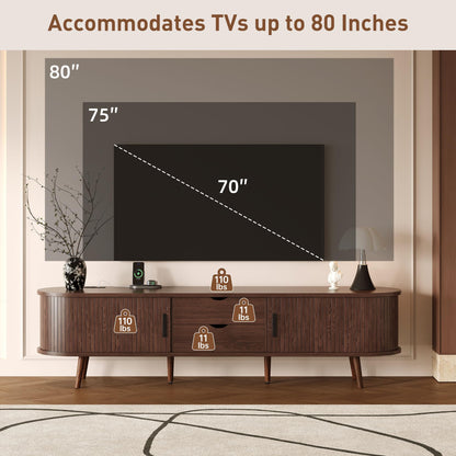 Merax 78'' Modern TV Stand for TVs up to 85 Inches, Entertainment Center with Fluted Glass Drawers & Cable Management, Solid Wood Legs, TV Console for Living Room, Walnut
