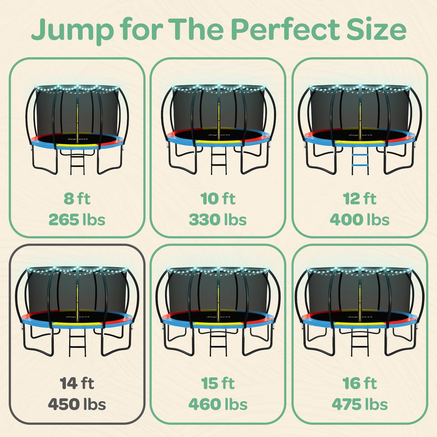 JoyBerri Trampoline Outdoor - Upsurge ASTM Certified Safe 8Ft 10Ft 12Ft 14Ft 15Ft 16Ft Recreational Trampoline for Kids and Adults. Anti-Rust Coating with Enclosure Net, Ladder, Sprinkler & LED Lights