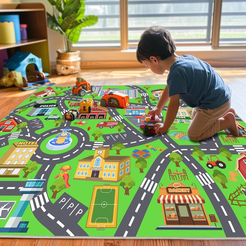 OHDS Kids Room Rug - Soft & Non-Slip 5x7 Ft Town Car Rug City Map Play Mat, Childrens Road Catpet Washable Rug for Classroom Nursery Bedroom Boys
