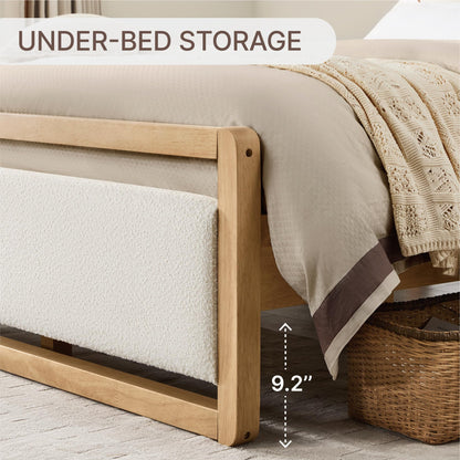 KISLOT Queen Wood Platform Bed Frame with Boucle Upholstered Headboard, Mid-Century Modern Bed with USB Charging Station, Solid Wood Slat Support, Noise-Free, No Box Spring Needed, Natural