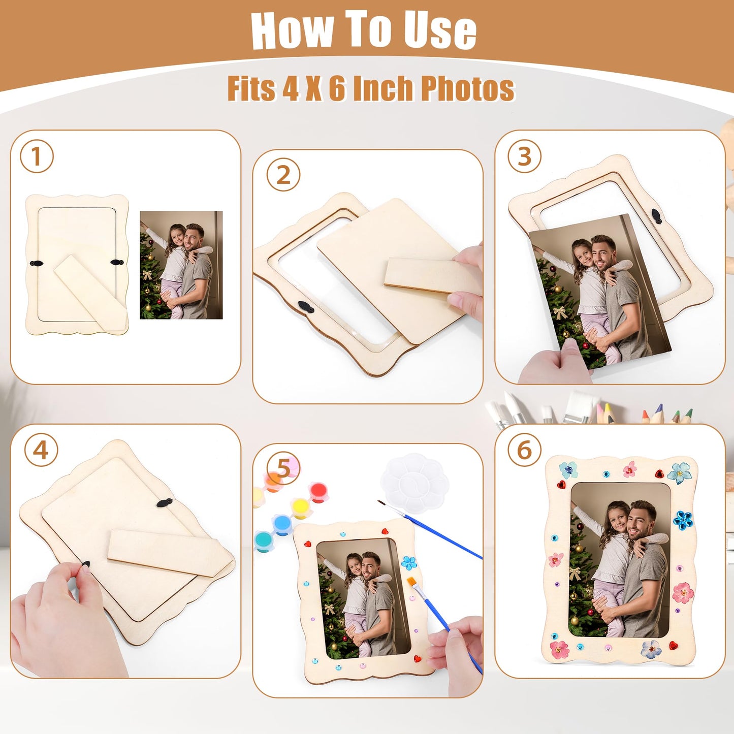 Fovths 12 Pcs Wooden Picture Frames, 7.5" x 5.5" Unfinished Wood Photo Frames with Stand, DIY Wooden Craft Frame with Stickers Painting Tools for Craft Paint and Decorate, Tabletop Display