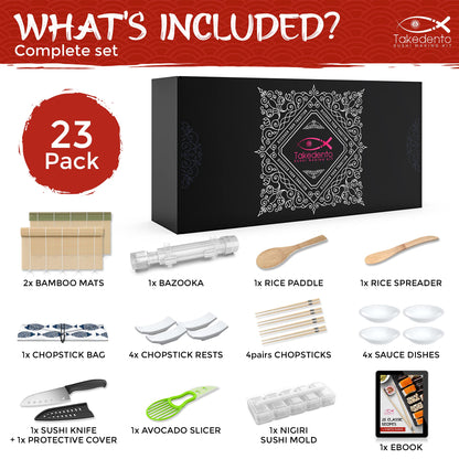 Takedento DIY Sushi Making Kit for Beginners – Transparent Sushi Bazooka – Food Grade Safe– Traditional Bamboo Sushi Rolling Mats – 23 Piece All You Need Sushi Making Kit