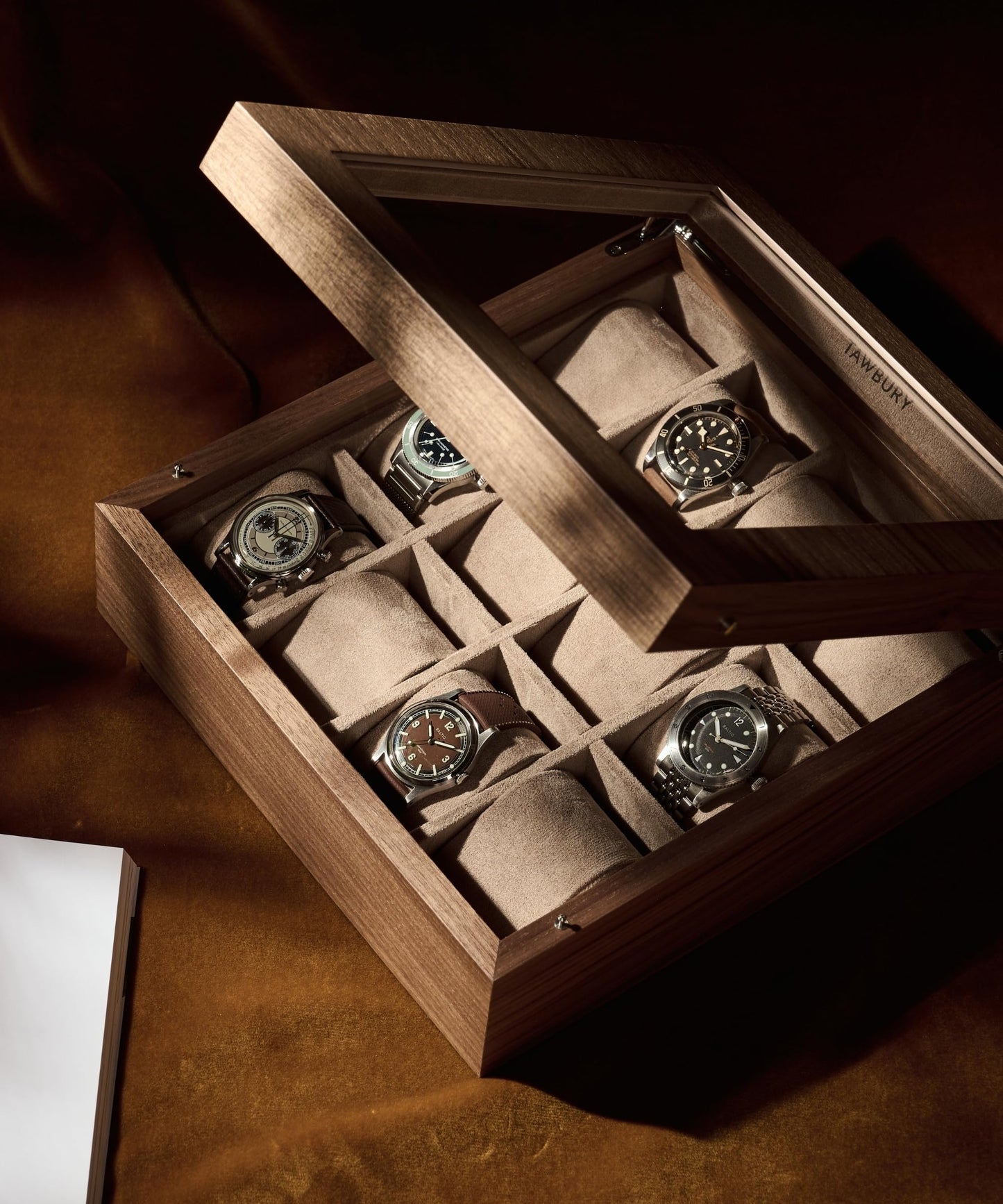 TAWBURY Wooden Watch Case - 12 Slot Wood Watch Box for Men & Women with Glass Display, Protective Fully Lined Interior and 2-inch Wide Pillows for Small & Large Watches (Classic Walnut)
