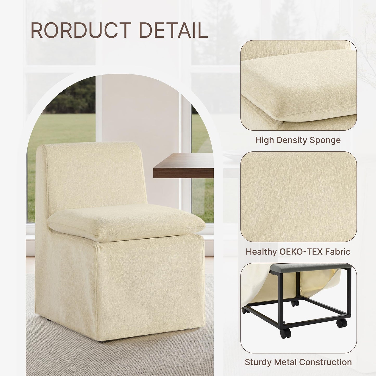 KISLOT Upholstered Dining Chairs Set of 4 with Casters, Modern Armless Kitchen Chairs with Removable Washable Cover, Chenille Velvet Fabric, Sturdy Metal & Wood Frame, 19.5" Seat Height, Sand