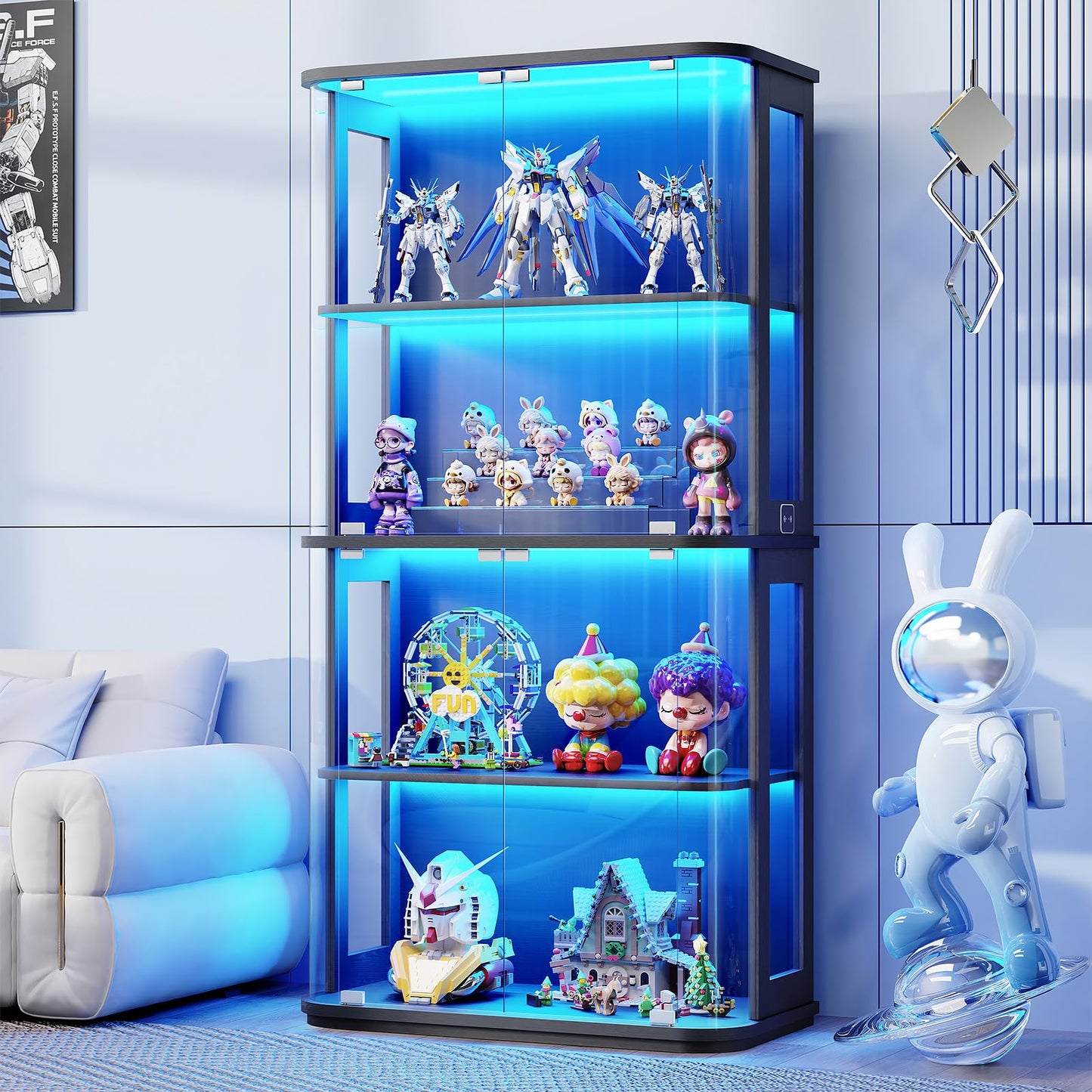 BROTTAR Rounded Display Cabinet with Glass Door, 4-Tier Curio Cabinet with Transparent Full-Display Surface for Collectibles, Glass Display Case with 3 Color Lights, Human Body Sensor, Black