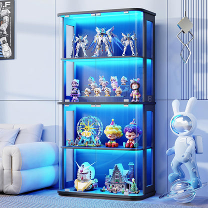 BROTTAR Rounded Display Cabinet with Glass Door, 4-Tier Curio Cabinet with Transparent Full-Display Surface for Collectibles, Glass Display Case with 3 Color Lights, Human Body Sensor, Black