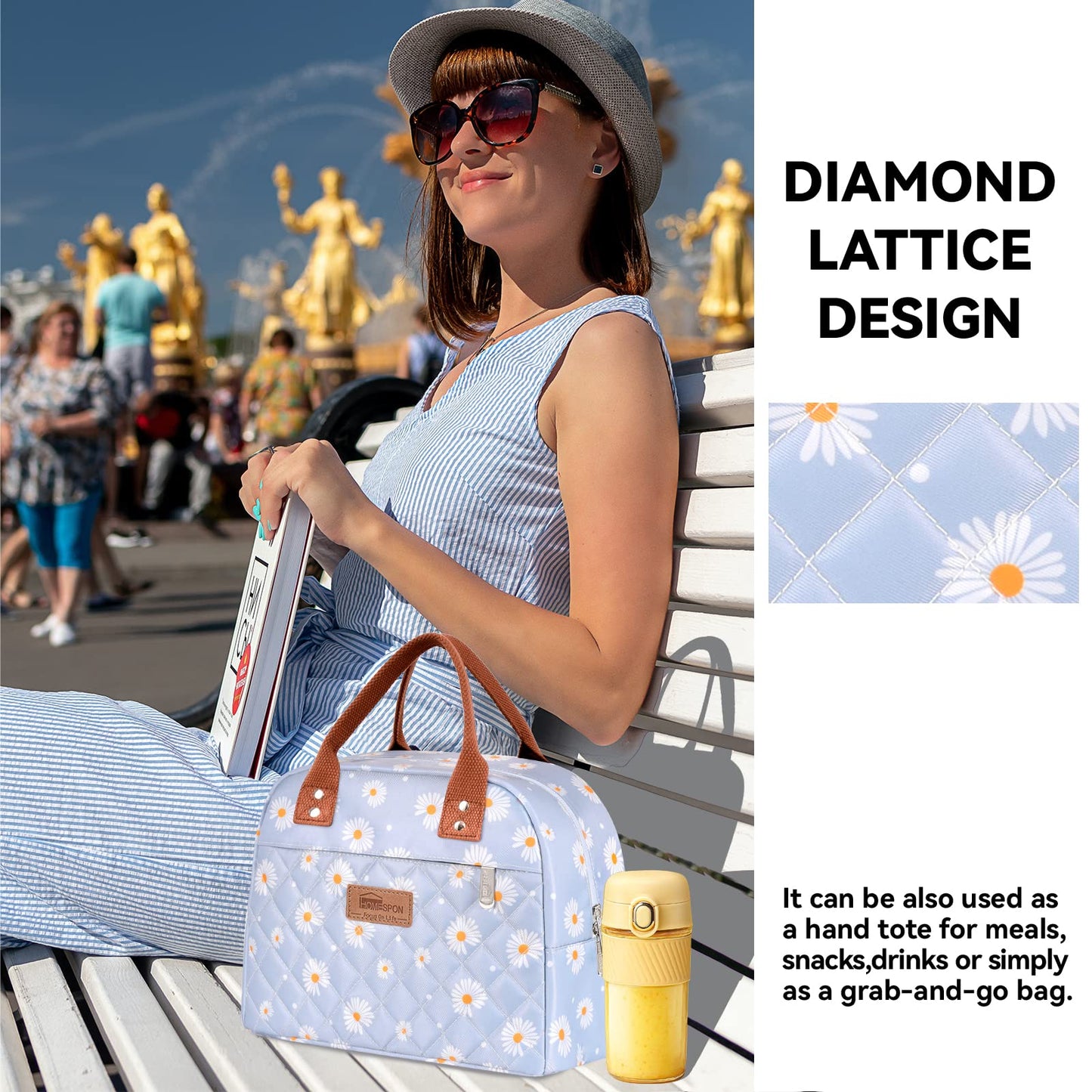 HOMESPON Insulated Lunch Bag for Women Men Adults Lunch Tote with Front Pocket Lunch Box Container Cooler Bag for Work Picnic (Blue Daisy)