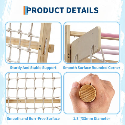 ActiveTrail Multi-Functional Swedish Ladder Wall Gym, 79'' Wooden Wall-Mounted Climbing Set with Slide, Swing, Rope, Rings, Monkey Bars, Indoor Playset for Kids and Adults