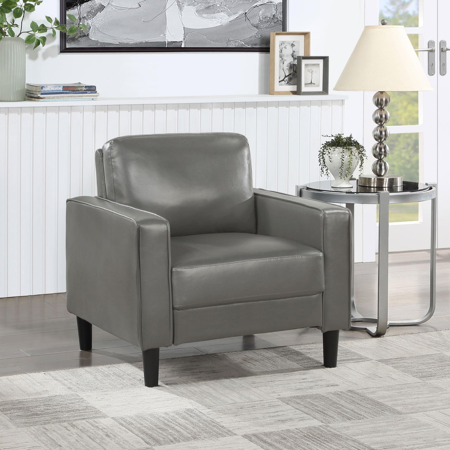 Coaster Home Furnishings - Ruth - Track Arm Accent Chair with Gray Faux Leather Upholstery, Foam Cushion and Tapered Legs - Living Room - Gray - 508367