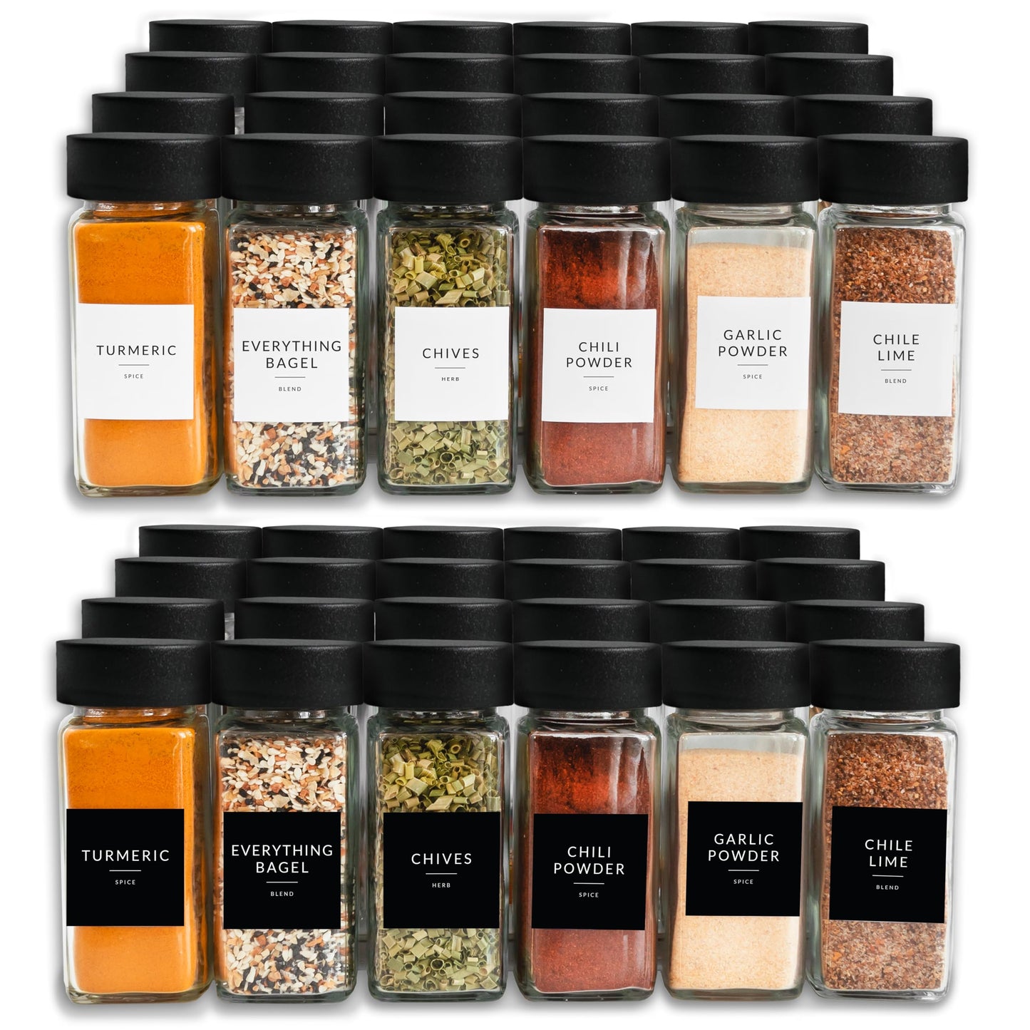 SAVVY & SORTED Glass Spice Jars with Label 24 PK - 4 Oz Spice Containers with 374 Minimalist Preprinted Labels Stickers, Pepper Grinder Funnel Shaker Lids, Empty Seasoning Containers Bottles