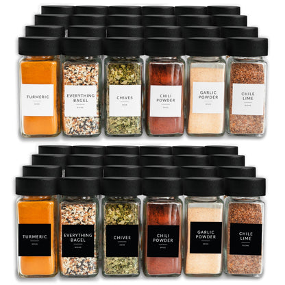 SAVVY & SORTED Glass Spice Jars with Label 24 PK - 4 Oz Spice Containers with 374 Minimalist Preprinted Labels Stickers, Pepper Grinder Funnel Shaker Lids, Empty Seasoning Containers Bottles