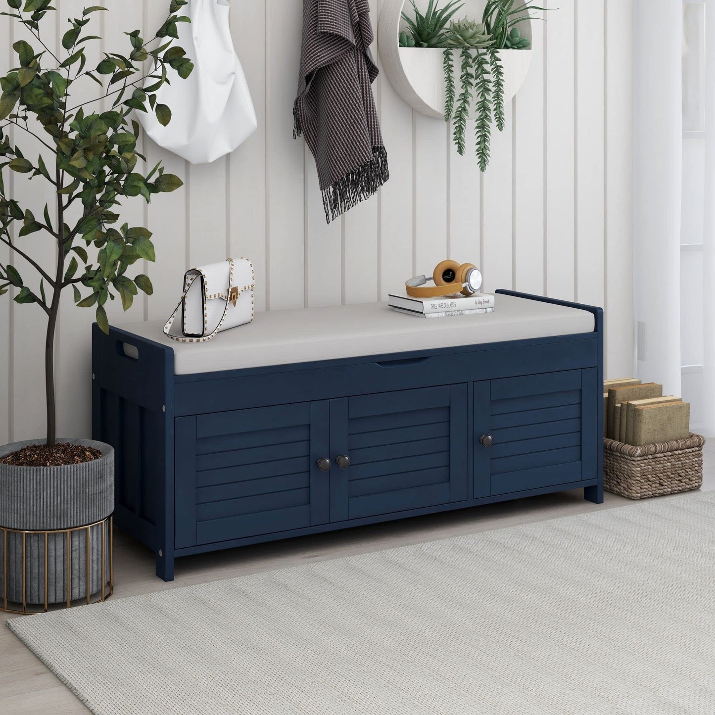 GDFStudio Jasd Storage Bench with 3 Shutter-Shaped Doors, Shoe Bench with Removable Cushion and Hidden Storage Space, Large Organizer Space, Wooden Foot Rest for Living Room Entryway, Antique Navy