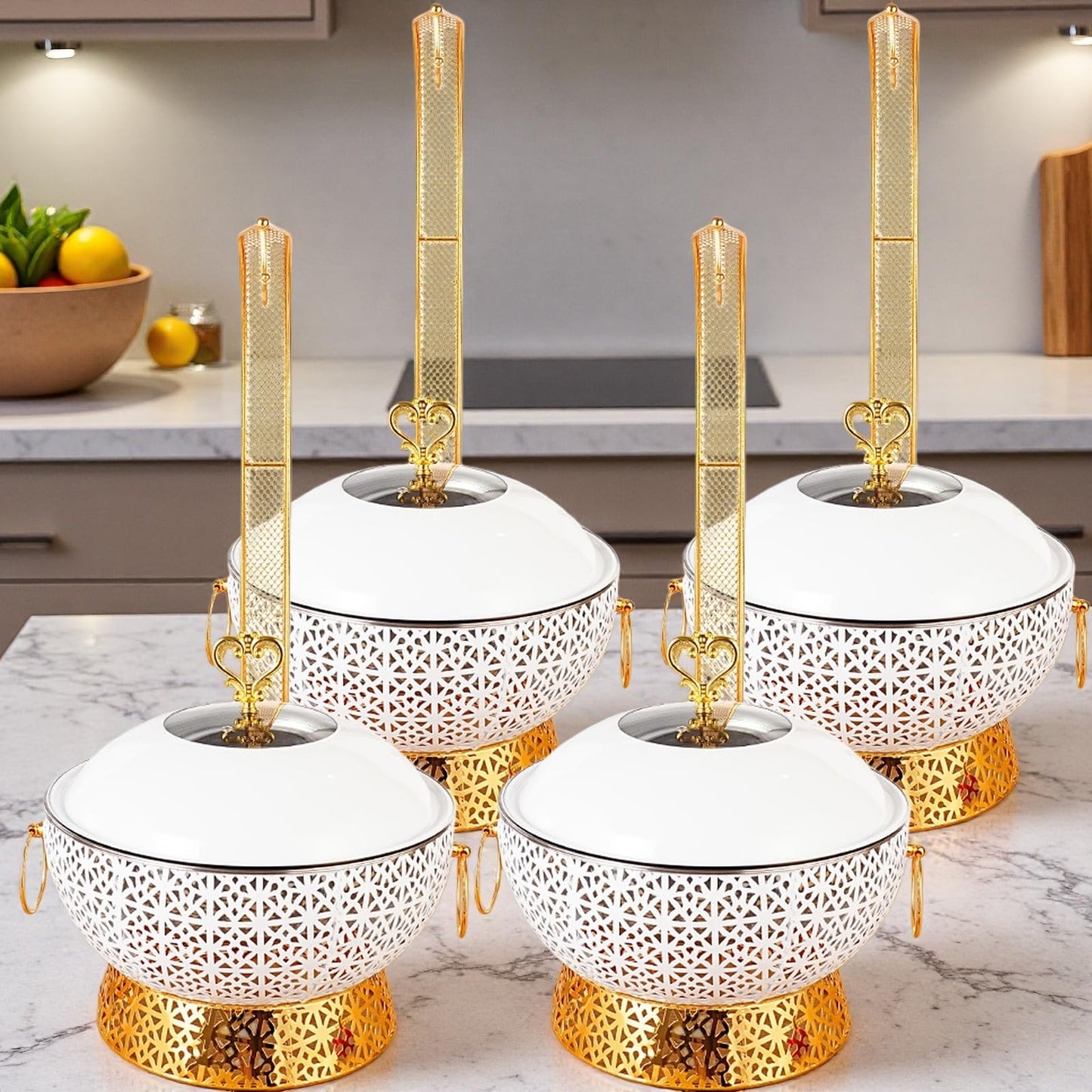 8QT White Chafing Dishes for Buffet 4 Pack, Round Stainless Steel Luxury Food Warmer for Parties Buffet, Elegant Hollow-Out Buffet Warmer for Hotel, Weddings, Home Parties, Christmas Gatherings (4)