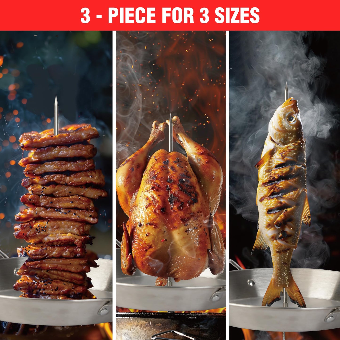 Al Pastor Skewer for Grill Stainless Steel Shawarma Skewer Stand with 3 Spikes (8"/10"/12"),Brush & Anti-scalding Fittings for BBQ Grill Oven