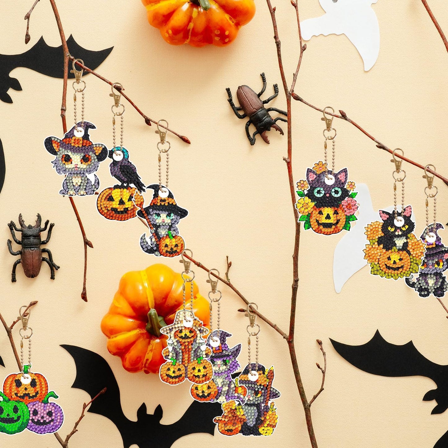 12 Pcs Halloween Cat Diamond Keychains Kit Double Sided DIY Cute Halloween Cat Diamond Keychains for Beginners Adults Art Craft Supplies Holiday Gift