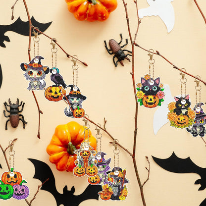 12 Pcs Halloween Cat Diamond Keychains Kit Double Sided DIY Cute Halloween Cat Diamond Keychains for Beginners Adults Art Craft Supplies Holiday Gift