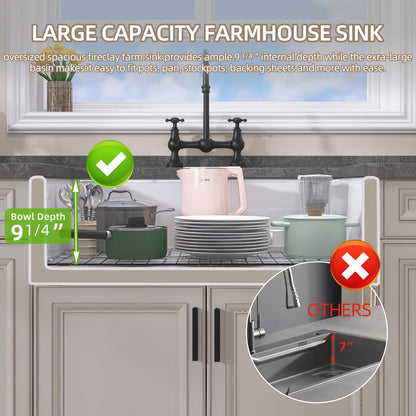 GETPRO White Farmhouse Kitchen Sink 30 inch Fireclay Apron Front Farm Sink Undermount Single Bowl Reversible Farmer House Style Kitchen Basin with Modern Accessories