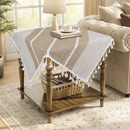 24 24 inch, Summer Boho Small Tablecltoh Square x Spring Cotton Linen Bedside Table Cloth with Tassel, Brown Nightstand