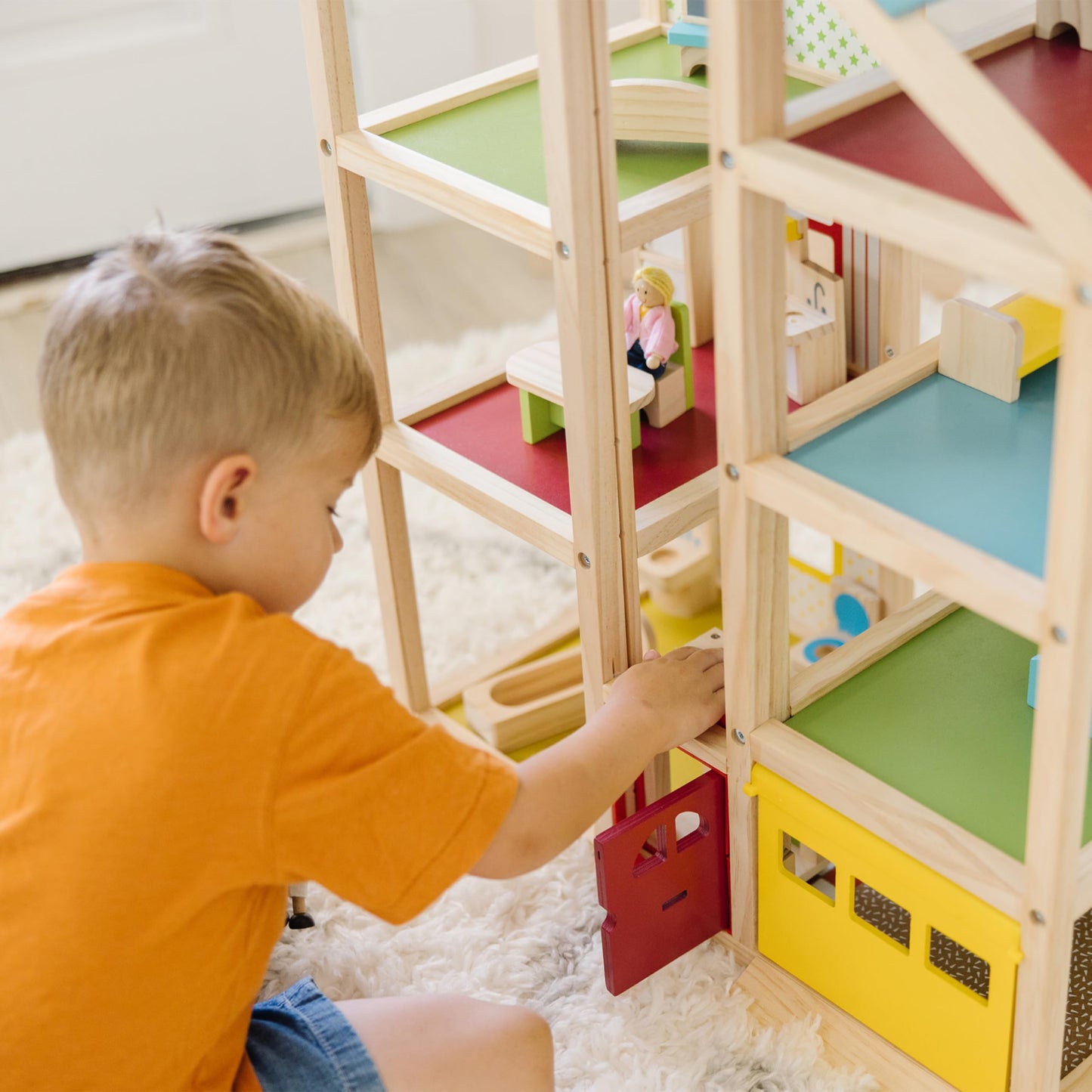 Melissa & Doug Wooden Hi-Rise Dollhouse with 15 Furniture Pieces, Garage, Working Elevator Preschool Dollhouse for Kids Ages 3+