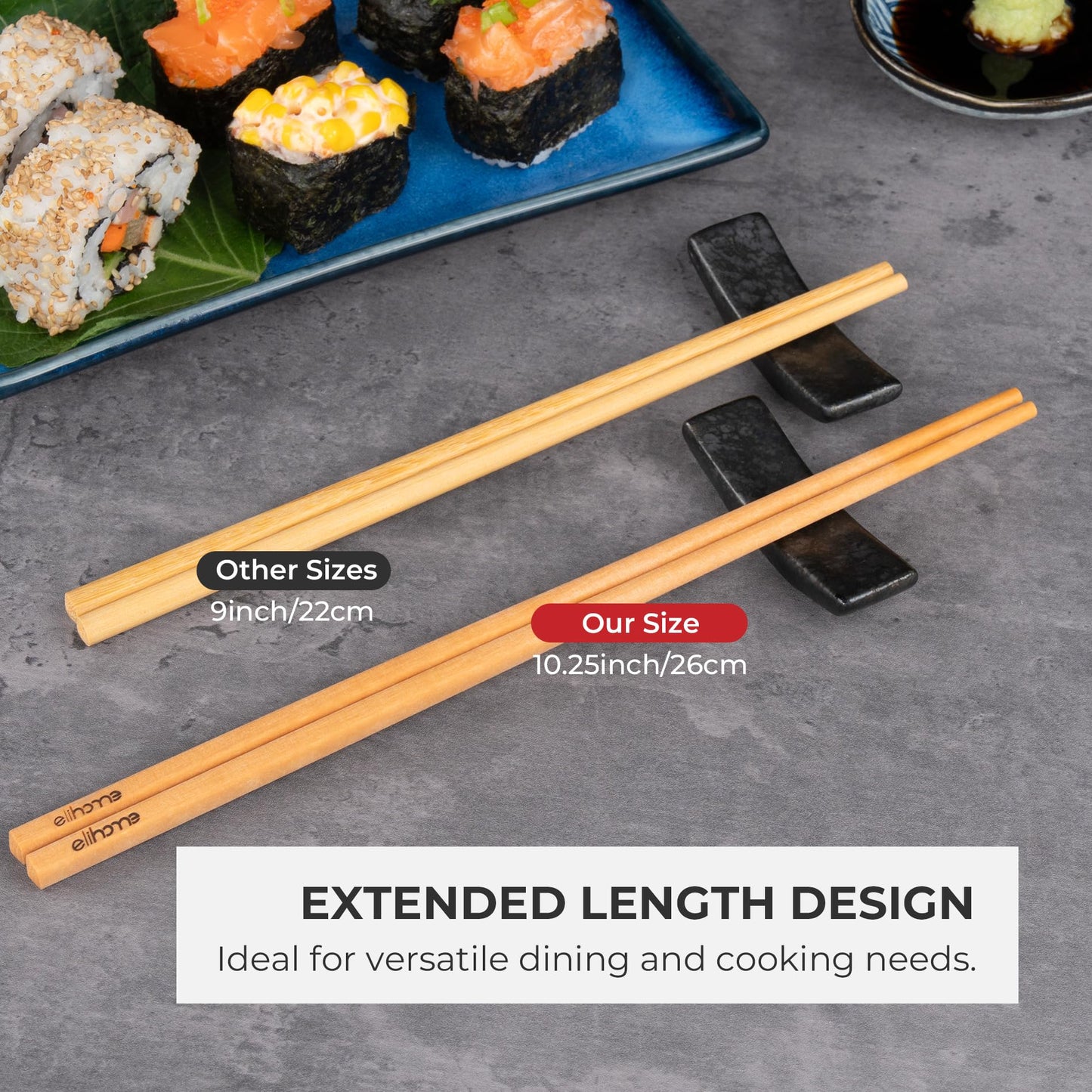 Elihome Premium Wood Fiber Chopsticks, Dishwasher Safe, Heat Resistant, Reusable Japanese Chinese Chopsticks, 26cm/10.25inch, Natural, 5 Pair
