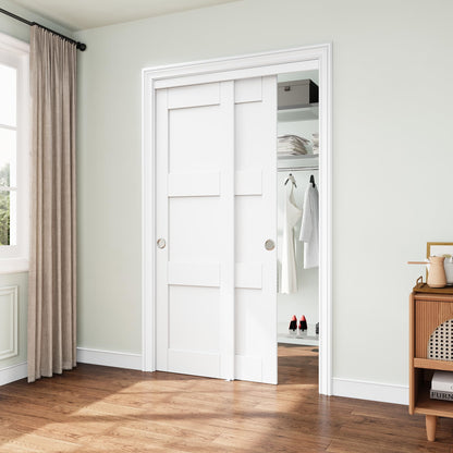 JUJUBON Closet Sliding Door, 48"×80"(Double Doors 25"), 3 Panel Sliding Door with Hardware Kit, Pre-Drilled Doors Panel, MDF with Paintable Surface, Need to Assemble, White