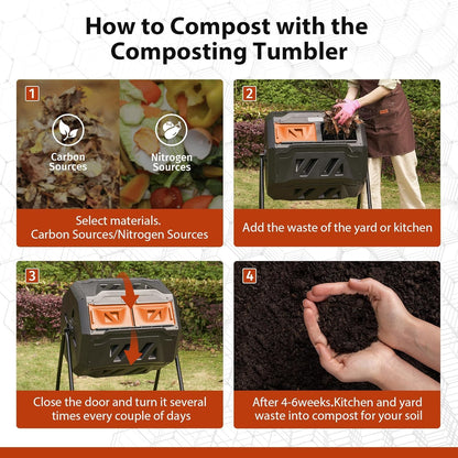 43-Gal Dual Chamber Compost Tumbler Outdoor, 360° Rotating Compost Bin with Steel Frame, Aeration System & 2 Sliding Doors for Kitchen, Garden, Yard - Black Orange