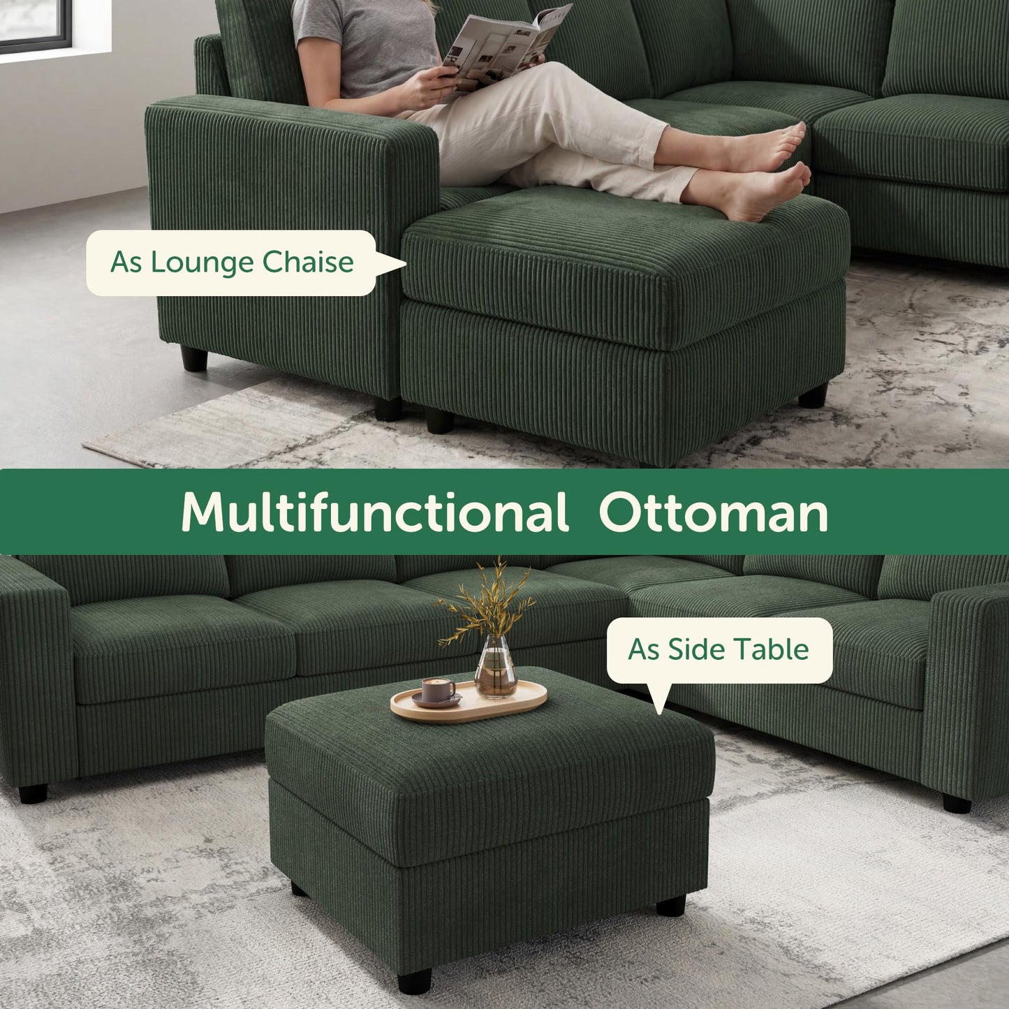 HONBAY Corduroy Sectional Sofa, 80 Inch 6 Seats L Shaped Couch with Ottoman for Living Room, Green