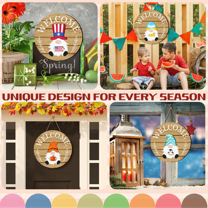 Seasonal Gnome Wall Decor Set, 11.8 inch Autumn Wooden Round Sign with Interchangeable Holiday Hats, Thanksgiving Welcome Door Hanging (Light brown-3)