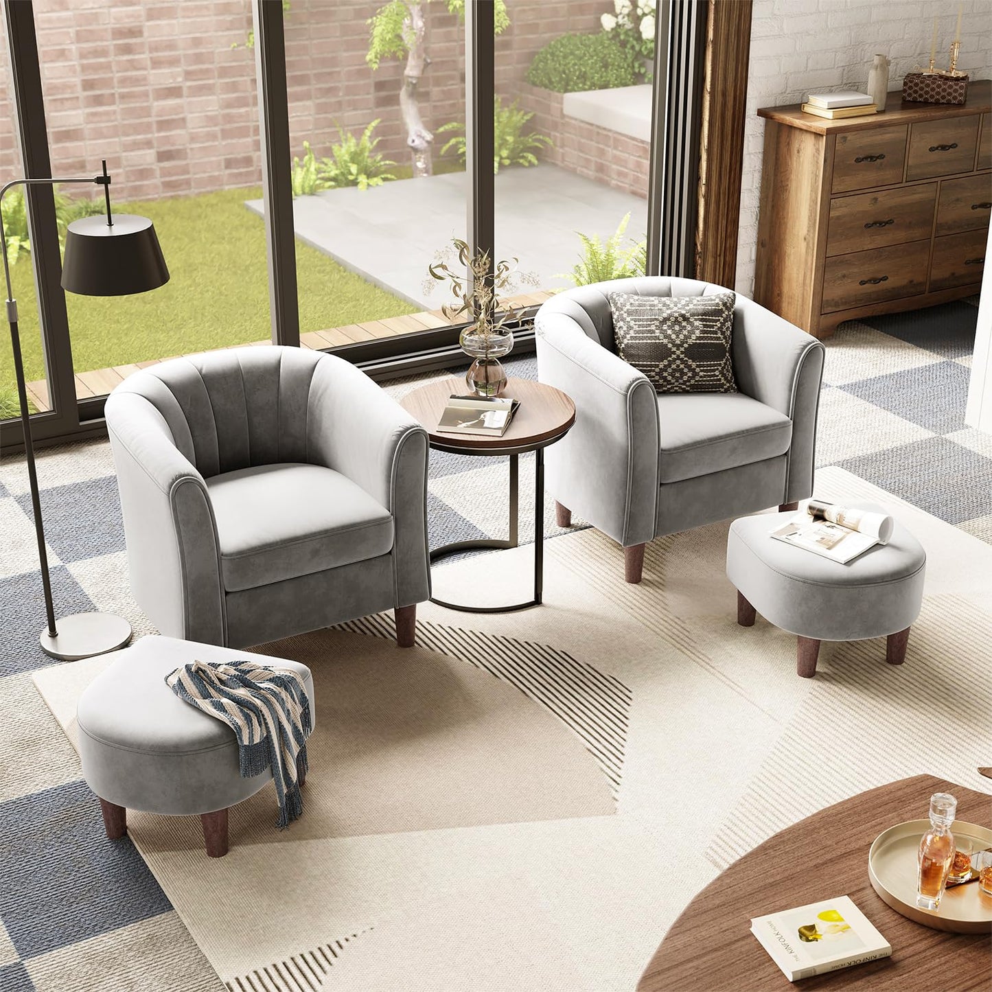 LINSY Accent Chair Set of 2, Velvet Barrel Chair with Ottoman, Modern Comfy Small Armchair for Small Spaces Reading Room Living Room Bedroom Kids Room Office, Grey