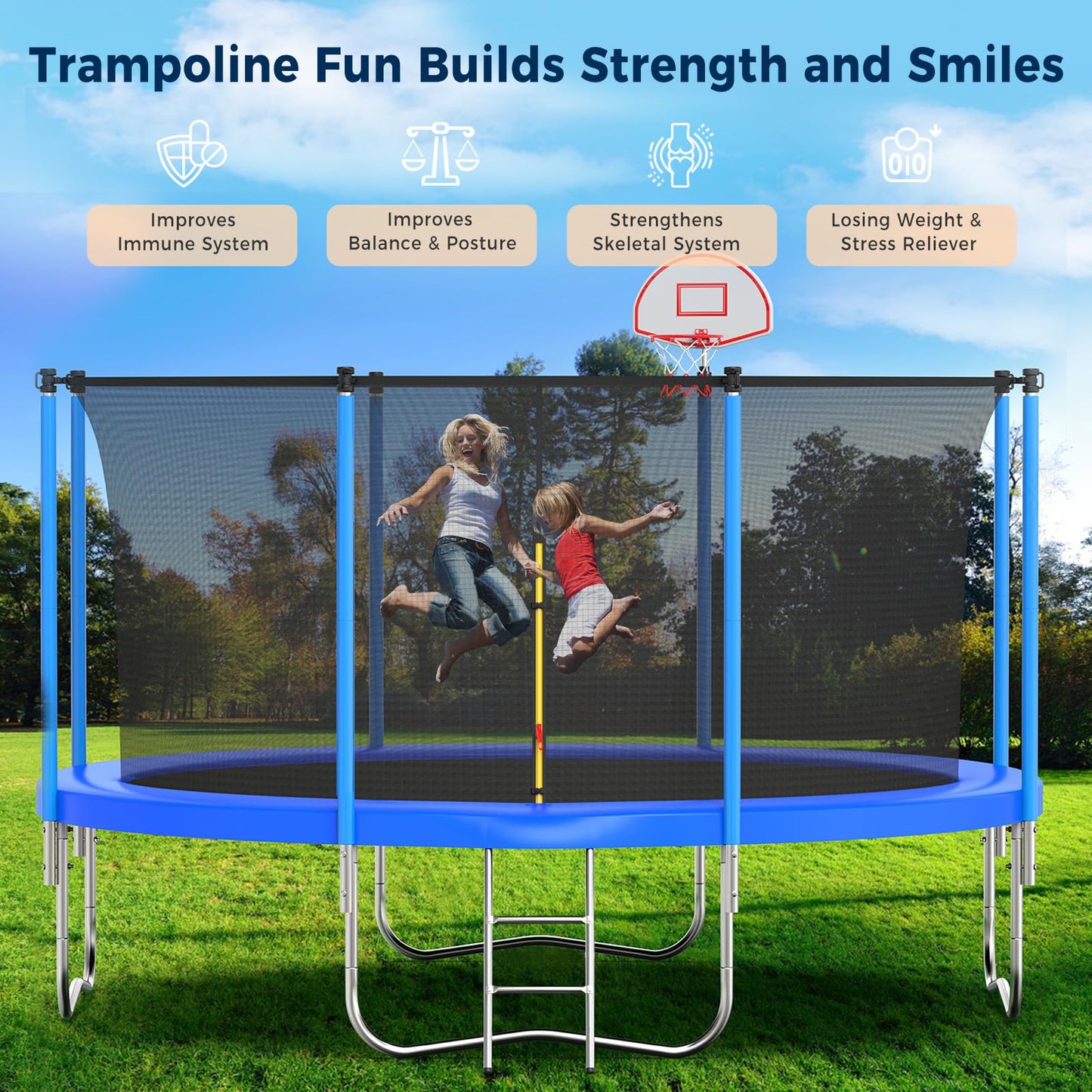 Tatub 12FT Trampoline for Kids and Adults, Outdoor Recreational Trampolines with Basketball Hoop & Enclosure Net, Blue