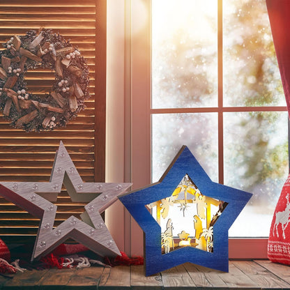 Skiennix Wooden Nativity Scene Set - Rustic Christmas Tabletop Decoration with LED Lights | Blue & White