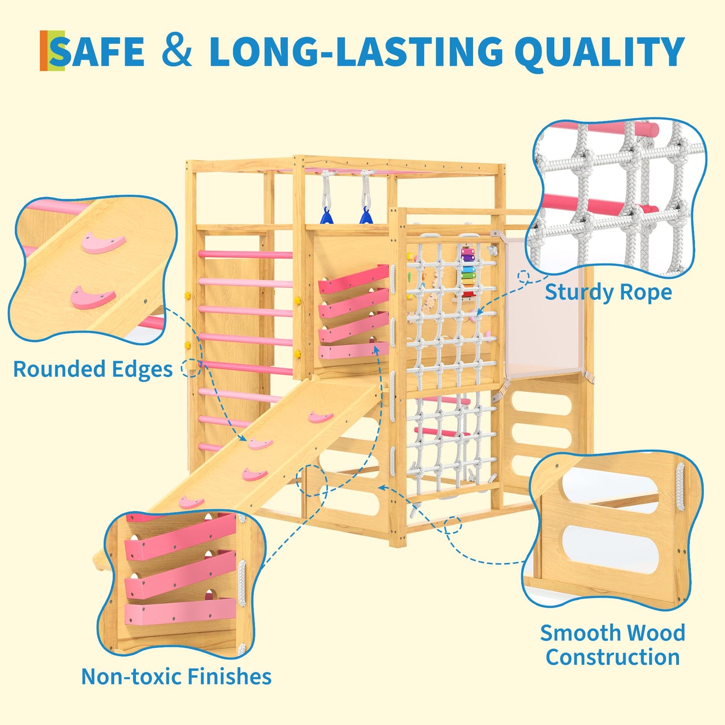 9-IN-1 Outdoor Indoor Jungle Gym, Montessori Wooden indoor playground for kids 2-8, Wooden Climbing Structure with Slide, Monkey Bars, Rope Ladder, Rock Wall, Climbing Net, Rings - Natural Wood Pink
