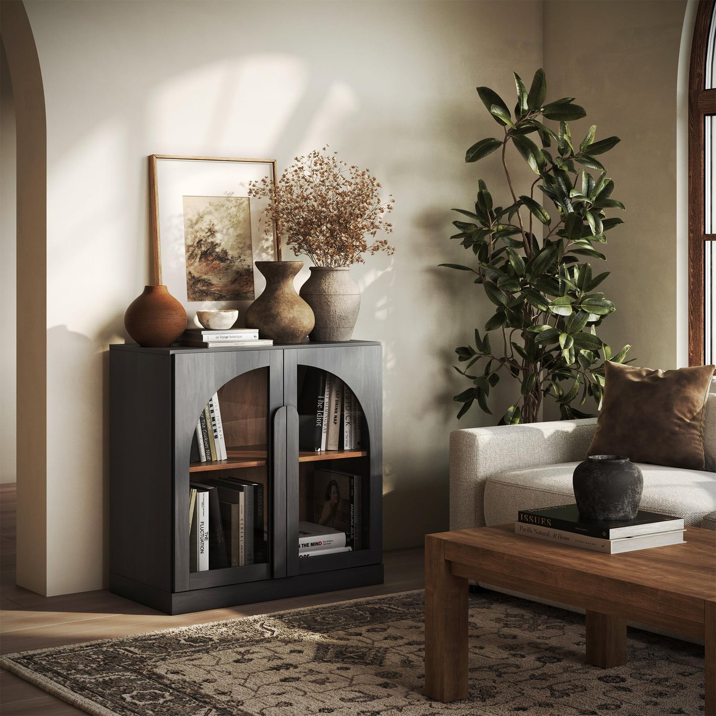 BELLEZE Bijou 31.5" Modular Sideboard Cabinet & TV Stand Console - Expandable Design w/Arched Glass Doors - Use Solo or Combine for Buffet, Living Room Media Center & Entryway - 70lbs Capacity, Ebony