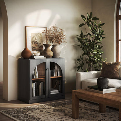 BELLEZE Bijou 31.5" Modular Sideboard Cabinet & TV Stand Console - Expandable Design w/Arched Glass Doors - Use Solo or Combine for Buffet, Living Room Media Center & Entryway - 70lbs Capacity, Ebony