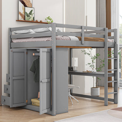 Full Size Loft Bed Frame with Built-in Wardrobe, Desk, Storage Shelves and Drawers, Wood Slat Support