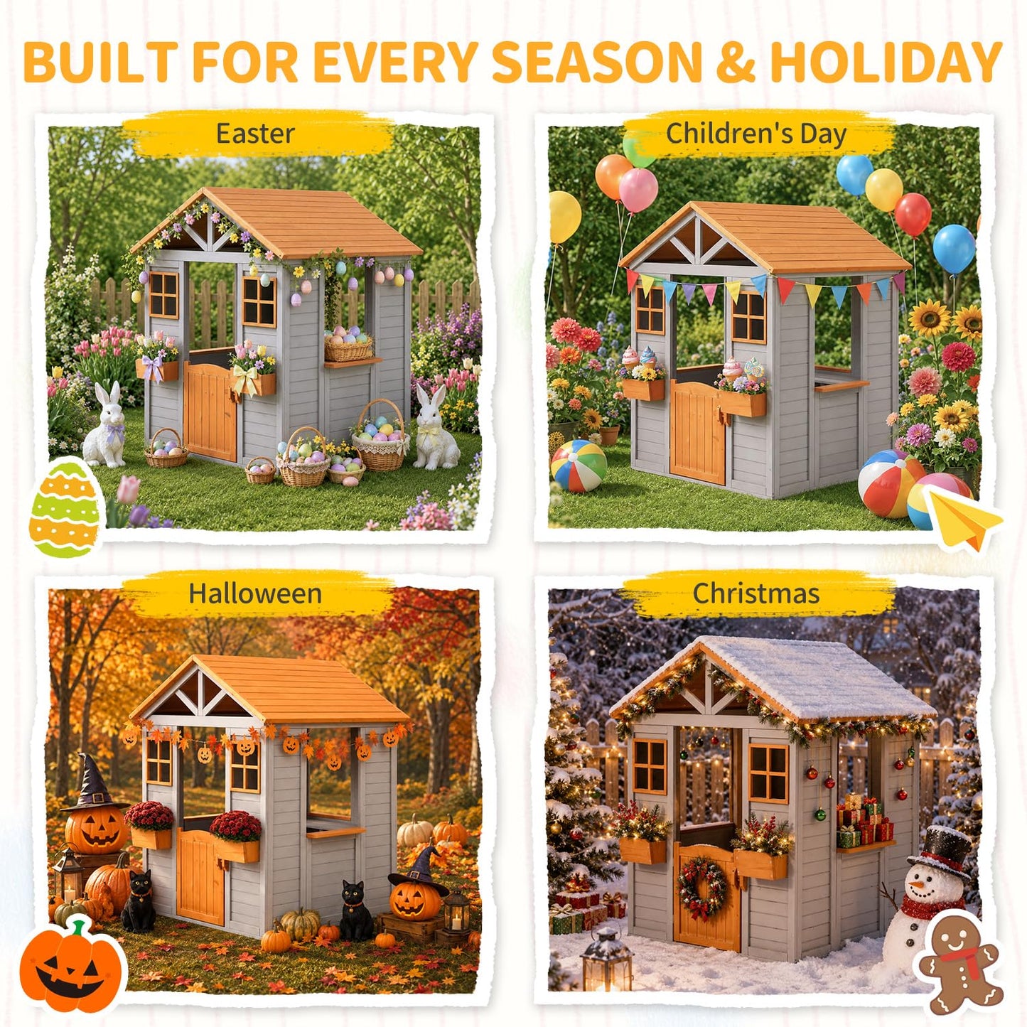 KizzParnrr Wooden Kids Playhouse with Play Kitchen, Half Door Windows, Flowerpot Holders, Toys PlaySet for Backyard Play (Brown and Grey)