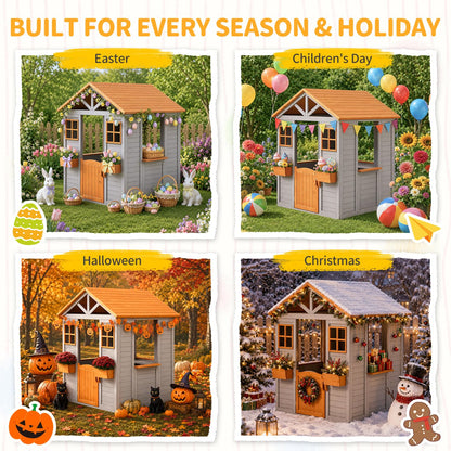 KizzParnrr Wooden Kids Playhouse with Play Kitchen, Half Door Windows, Flowerpot Holders, Toys PlaySet for Backyard Play (Brown and Grey)