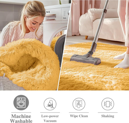 OLANLY Mustard Yellow Round Area Rug - Soft, Fluffy, Machine Washable 2 ft Circle Carpet for Bedroom & Living Room Decor