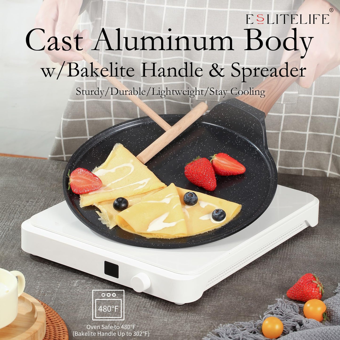 ESLITE LIFE 9.5 Inch Crepe Pan with Spreader, Nonstick Granite Coating Dosa Pan, Roti Tawa Comal Para Tortillas Pancake Griddle Pan, Induction Compatible, PTFE & PFOA Free, Black
