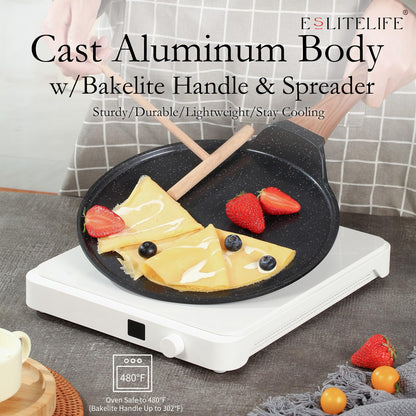ESLITE LIFE 9.5 Inch Crepe Pan with Spreader, Nonstick Granite Coating Dosa Pan, Roti Tawa Comal Para Tortillas Pancake Griddle Pan, Induction Compatible, PTFE & PFOA Free, Black