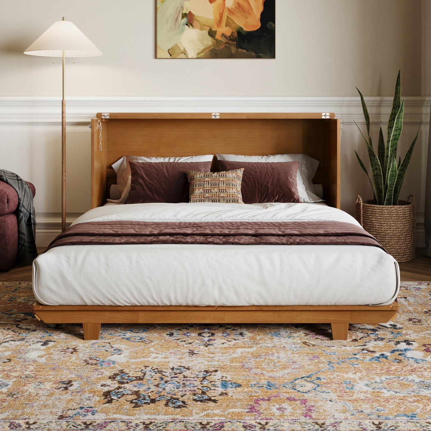 AFI, Charleston Queen Wood Murphy Bed Chest with 6" Mattress, Light Toffee